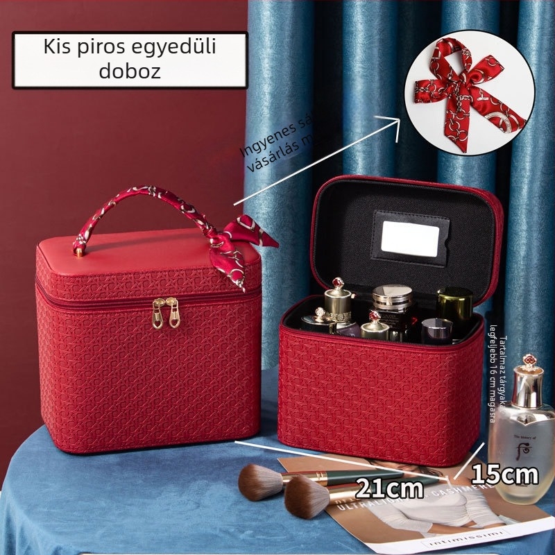PU bőrből készült hordozható kozmetikai táska, geometrikus minta, cipzáros nyitás, kézben tartható design, kiterjesztő réteg