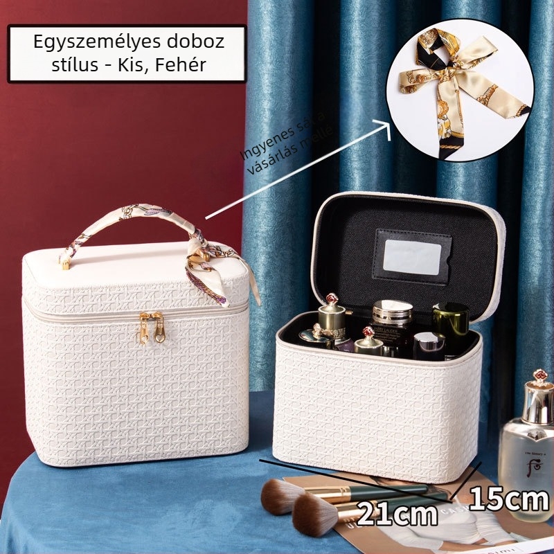PU bőrből készült hordozható kozmetikai táska, geometrikus minta, cipzáros nyitás, kézben tartható design, kiterjesztő réteg