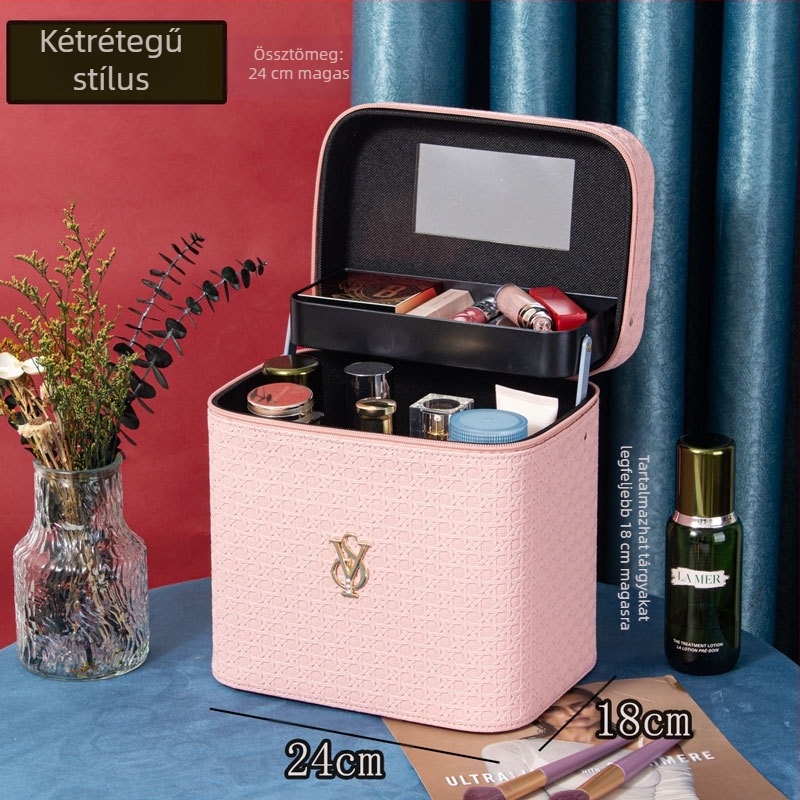 PU bőrből készült hordozható kozmetikai táska, geometrikus minta, cipzáros nyitás, kézben tartható design, kiterjesztő réteg