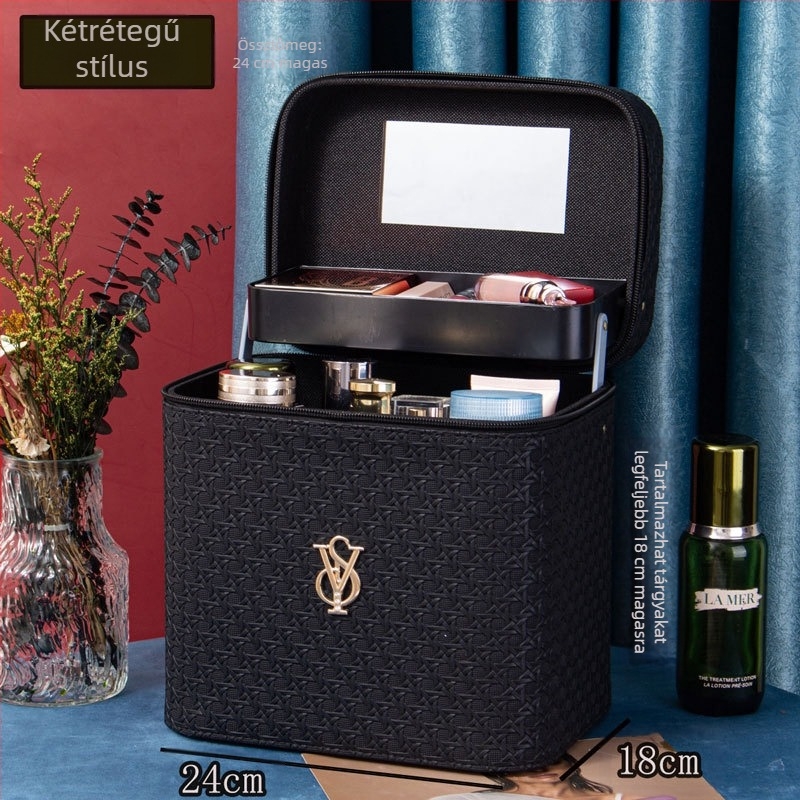 PU bőrből készült hordozható kozmetikai táska, geometrikus minta, cipzáros nyitás, kézben tartható design, kiterjesztő réteg