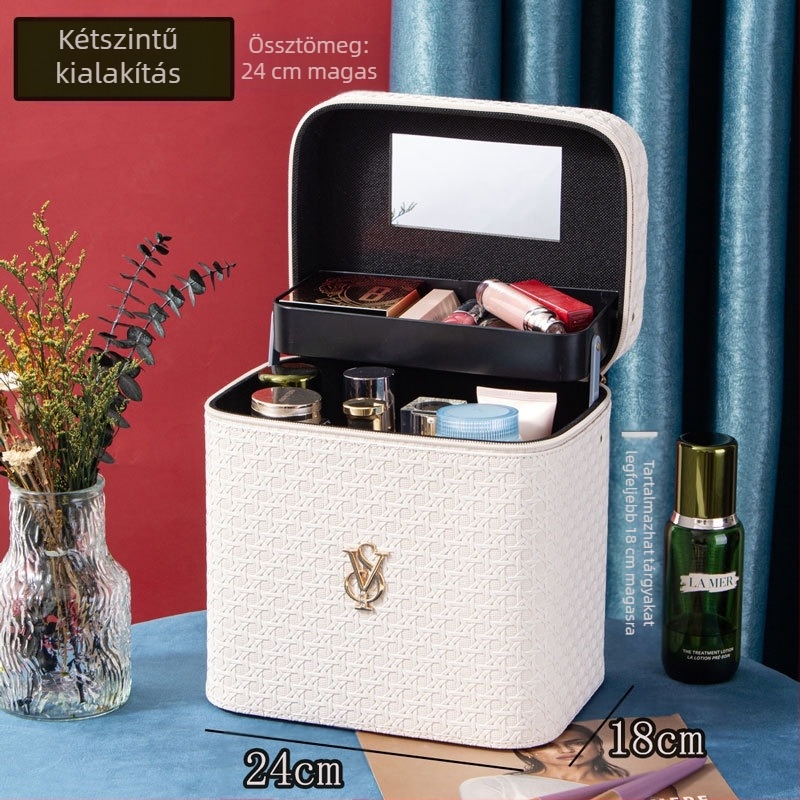 PU bőrből készült hordozható kozmetikai táska, geometrikus minta, cipzáros nyitás, kézben tartható design, kiterjesztő réteg