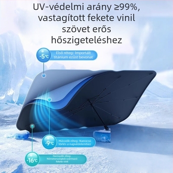 Autó napvédő árnyékoló a frontszélvédőhöz; titánium ezüst anyag; snap-in telepítés; alkalmazható részek: első alkatrészek; minta: márkajel logó; logó nyomtatás elérhető