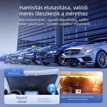 Autó napvédő árnyékoló a frontszélvédőhöz; titánium ezüst anyag; snap-in telepítés; alkalmazható részek: első alkatrészek; minta: márkajel logó; logó nyomtatás elérhető