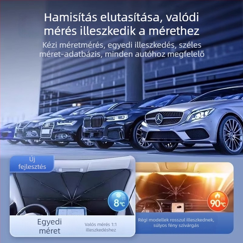 Autó napvédő árnyékoló a frontszélvédőhöz; titánium ezüst anyag; snap-in telepítés; alkalmazható részek: első alkatrészek; minta: márkajel logó; logó nyomtatás elérhető