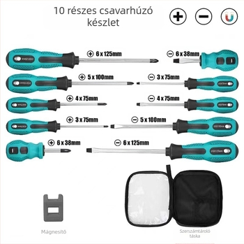 Tíz darabos mágneses csavarhúzó készlet Phillips és lapos fejű bitekkel, Cr-V acélból