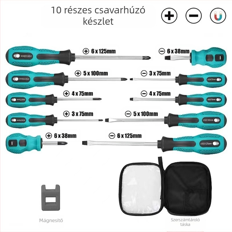 Tíz darabos mágneses csavarhúzó készlet Phillips és lapos fejű bitekkel, Cr-V acélból