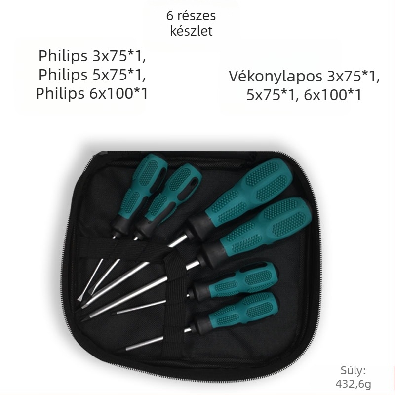 Tíz darabos mágneses csavarhúzó készlet Phillips és lapos fejű bitekkel, Cr-V acélból
