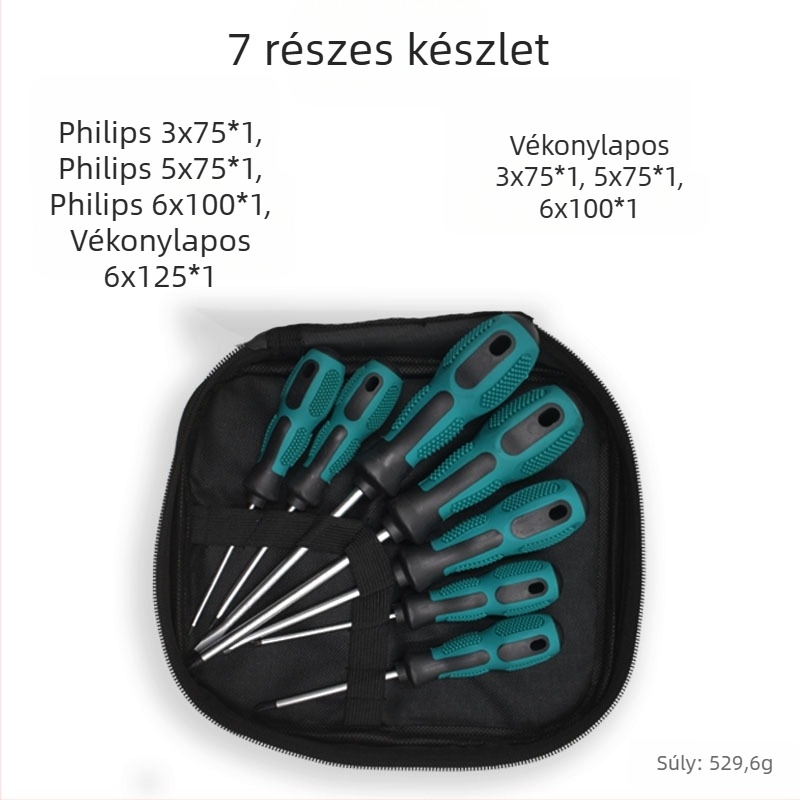 Tíz darabos mágneses csavarhúzó készlet Phillips és lapos fejű bitekkel, Cr-V acélból
