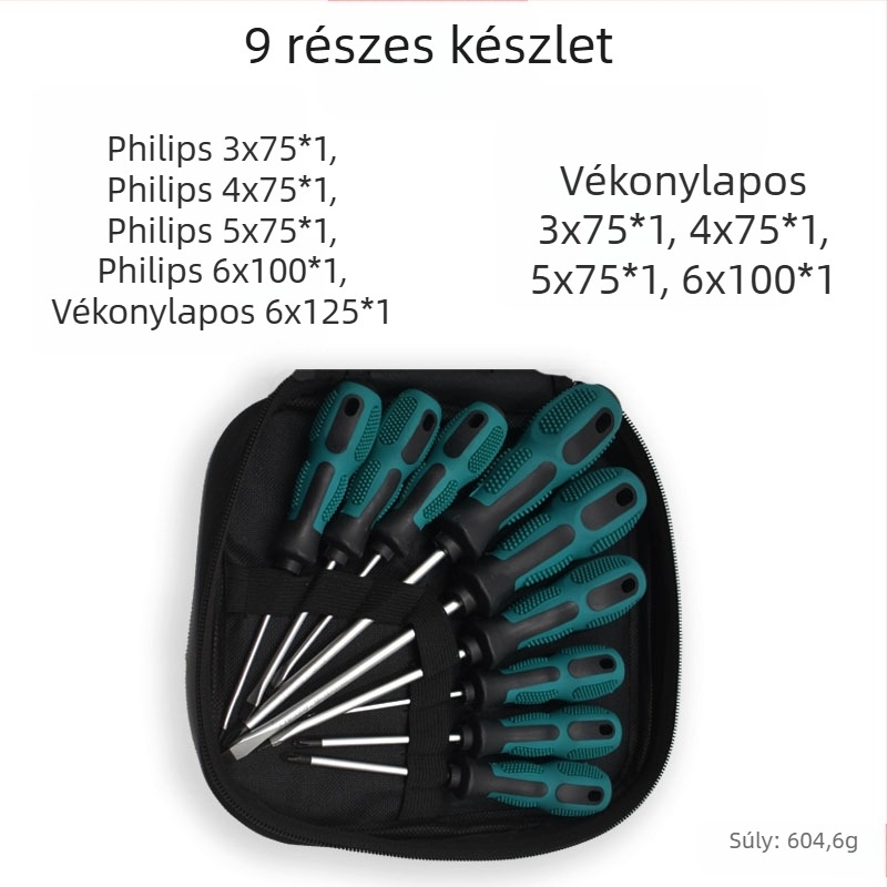 Tíz darabos mágneses csavarhúzó készlet Phillips és lapos fejű bitekkel, Cr-V acélból