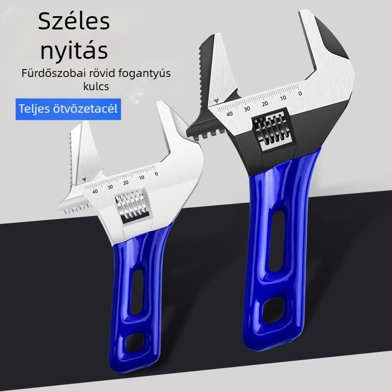 Állítható nyitott végű kulcs rövid nyéllel, fürdőszobai használatra, krom-vanádium acél