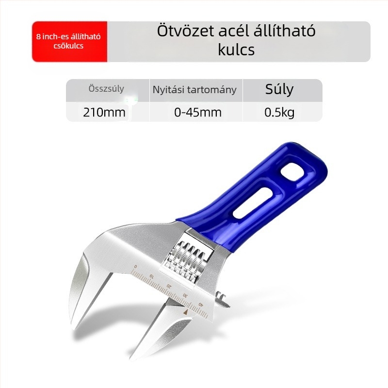 Állítható nyitott végű kulcs rövid nyéllel, fürdőszobai használatra, krom-vanádium acél