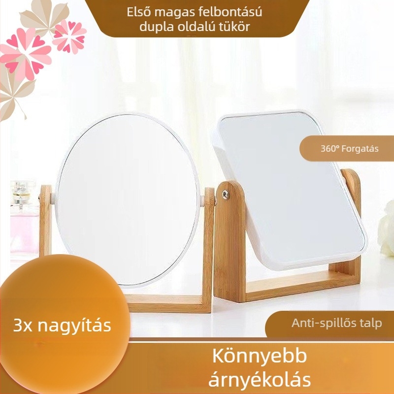 Asztali, kétoldalas tükör 3x nagyítással, bambuszfából készült keret, hordozható dizájn, testreszabható logo