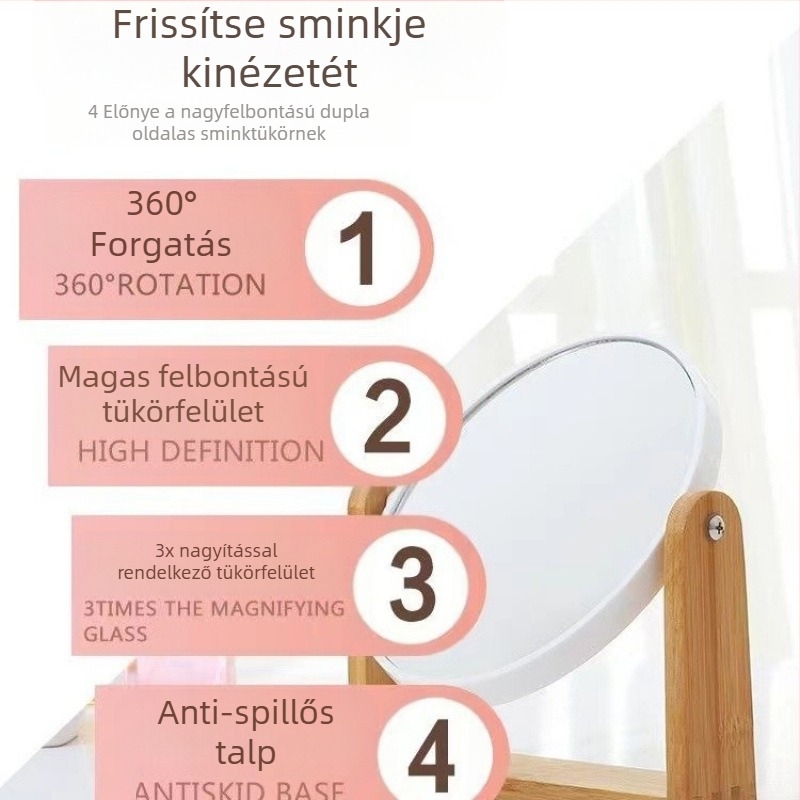 Asztali, kétoldalas tükör 3x nagyítással, bambuszfából készült keret, hordozható dizájn, testreszabható logo