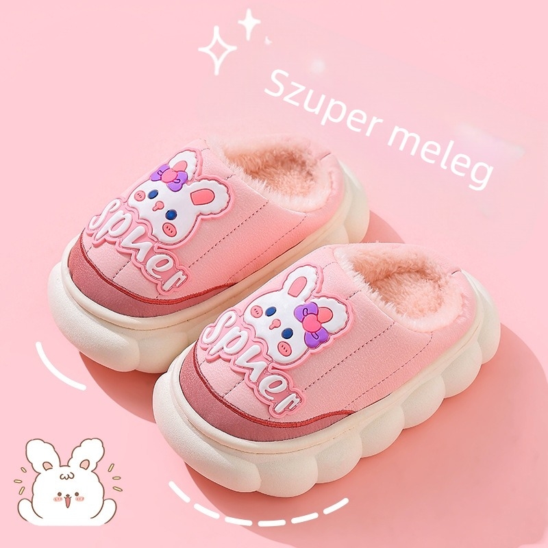 Gyerekeknek szóló pamut papucs PU felsővel, fleece béléssel, Cartoon mintás, PVC talp, csúszásmentes