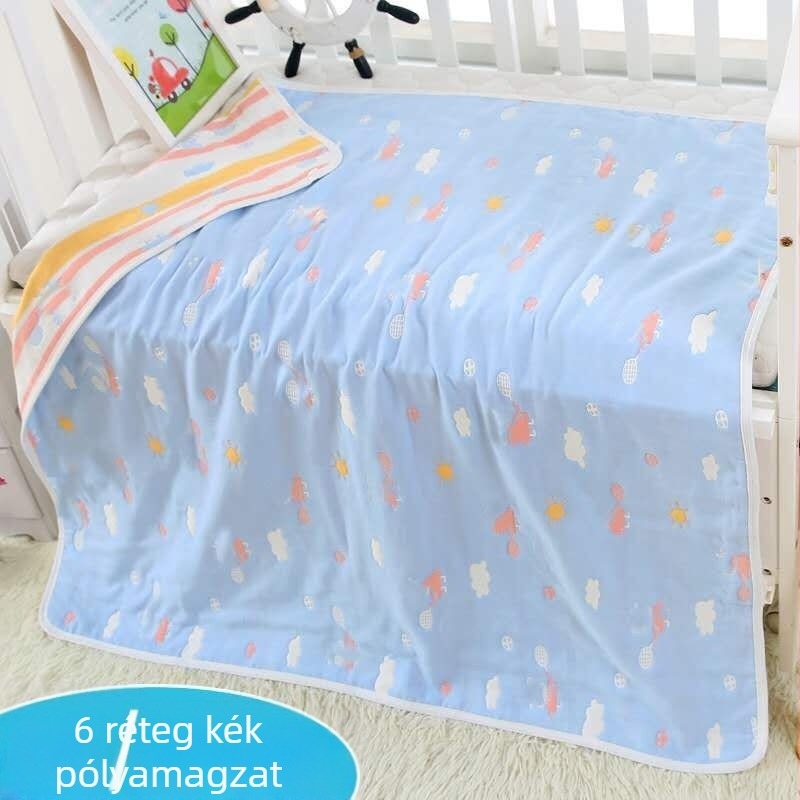 Baba gézfürdőlepedő, hat rétegű pamut géz, Jacquard anyag, állatmotívumos díszítés, 80–100 g