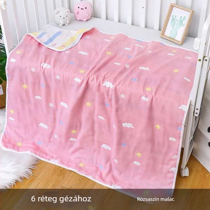 Baba gézfürdőlepedő, hat rétegű pamut géz, Jacquard anyag, állatmotívumos díszítés, 80–100 g