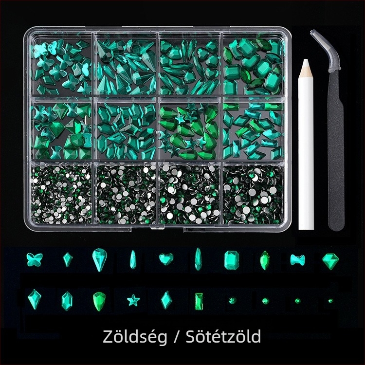 Jane Workshop Princess sorozat, 12 rekeszes üveg rhinestone doboz körmökhöz, sík aljzat, motívumok: pillangó, hold, vízcsepp, csillagok