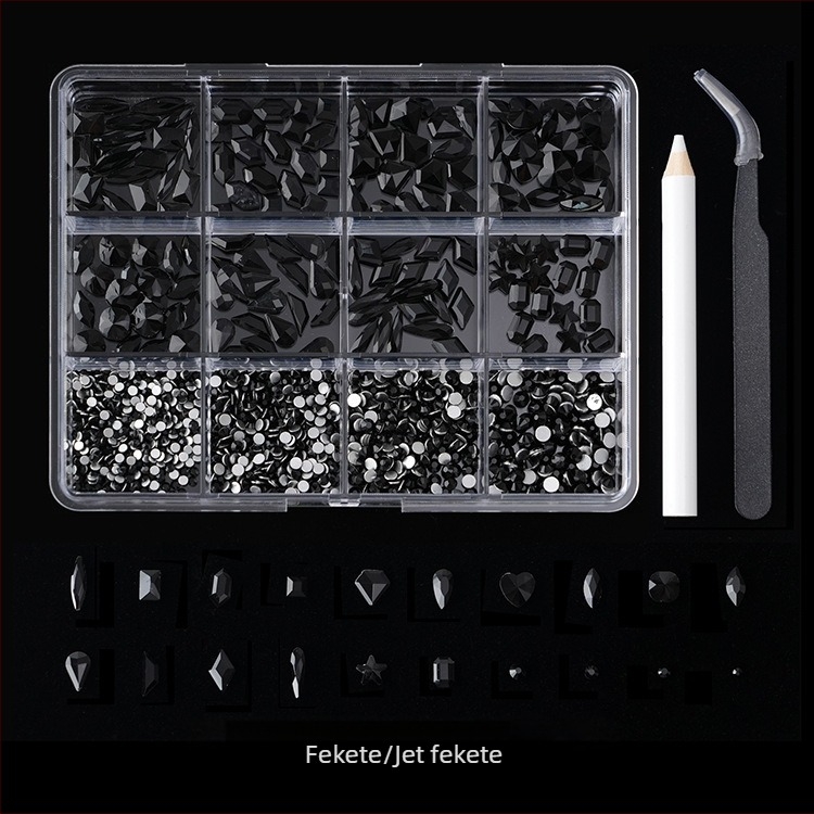 Jane Workshop Princess sorozat, 12 rekeszes üveg rhinestone doboz körmökhöz, sík aljzat, motívumok: pillangó, hold, vízcsepp, csillagok