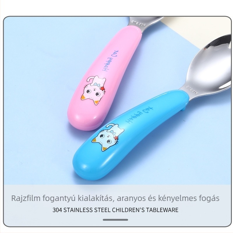 Gyerekeknek készült 304 rozsdamentes acél étkészlet: kanál, villa és gyakorlópálcikák, rajzfilmszerű minta, tükörfényes polírozás, testreszabható logó