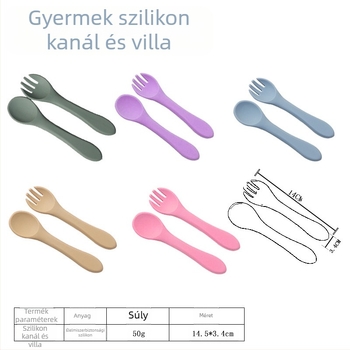 Szilikon bébi etetőkanál és villa készlet, 2 darabos, puha edzéshez, 3 hónapos kortól