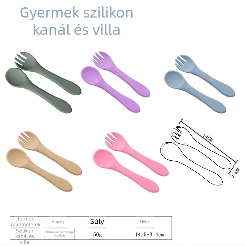 Szilikon bébi etetőkanál és villa készlet, 2 darabos, puha edzéshez, 3 hónapos kortól