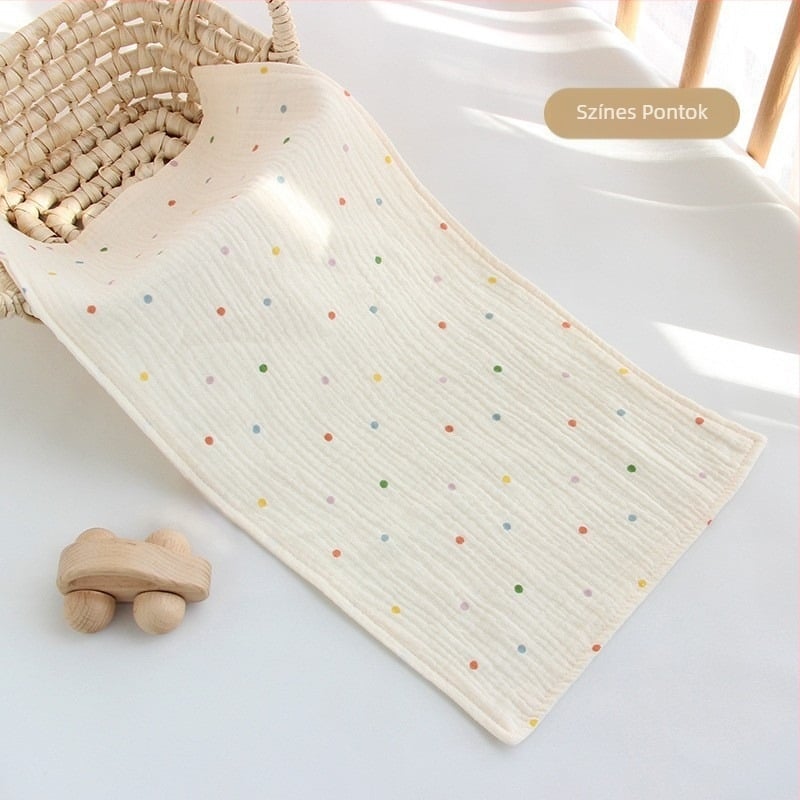 Baba fürdőtörölköző – géz anyagú, rajzfilmszerű mintával, puha és lélegző; 1–3 éves korú csecsemők és kisgyermekek számára; A osztályú biztonság