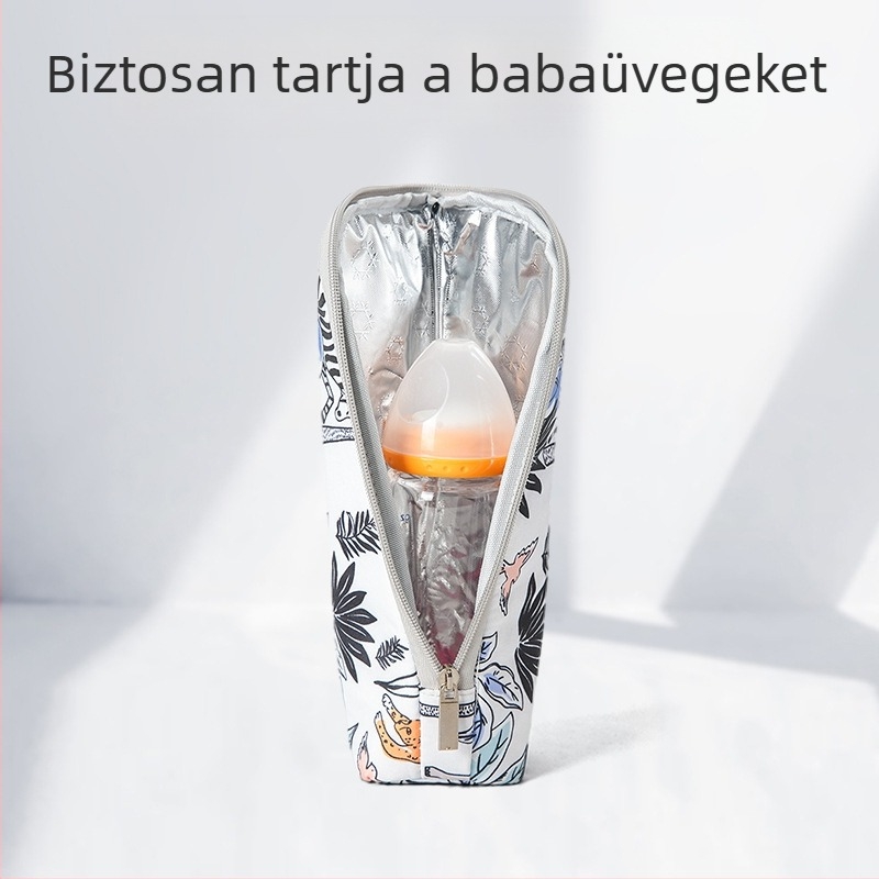 Szigetelt cumisüveg-táska, ultra-könnyű kivitel, EVA bélés, Oxford külső, tájkép mintázat, légpárnás vállpánt