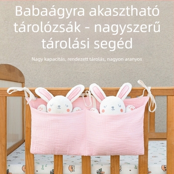 Kétszintű pamut baba oldalához tartozó tároló táska, két zsebbel, akasztva a babakocsira, nyomtatott mintával