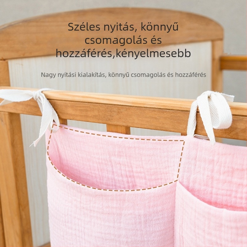 Kétszintű pamut baba oldalához tartozó tároló táska, két zsebbel, akasztva a babakocsira, nyomtatott mintával