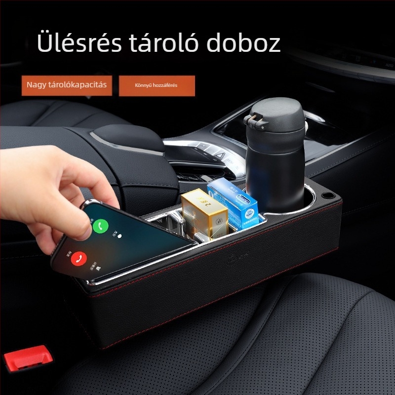 Autóülés közti részen használható tároló — középső üléshez tervezett, telefontartóval és pohártartóval