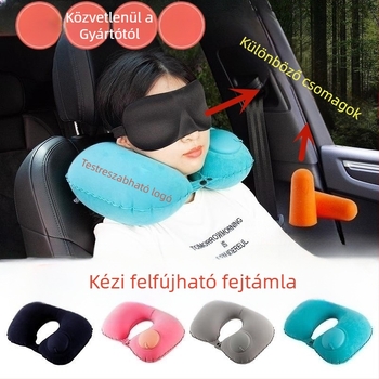 Malisjiang utazási nyakpárna készlet – három részes, szemkötő és füldugókkal; felfújható U‑alakú nyakpárna, PVC flock bevonattal, testreszabható
