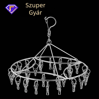 Rozsdamentes acél ruhaszárító állvány 48 csipesszel, összecsukható kör alakú kialakítás, zoknik és fehérneműk számára, erkélyhez.