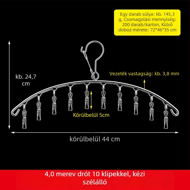 Rozsdamentes acél ruhaszárító állvány 48 csipesszel, összecsukható kör alakú kialakítás, zoknik és fehérneműk számára, erkélyhez.