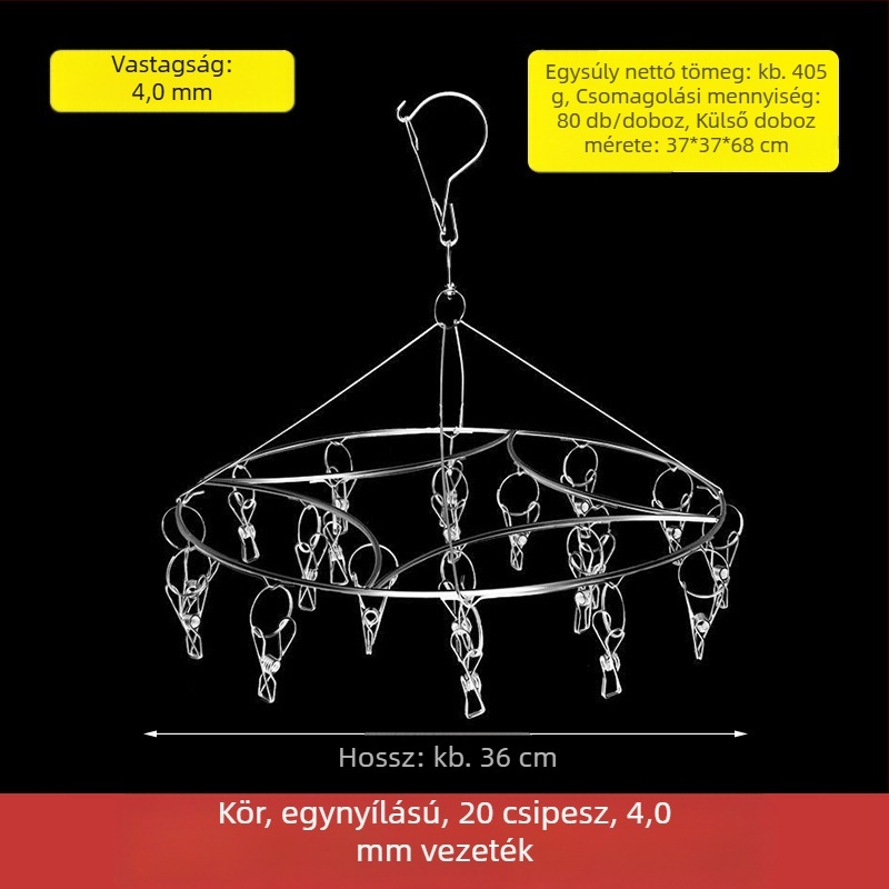 Rozsdamentes acél ruhaszárító állvány 48 csipesszel, összecsukható kör alakú kialakítás, zoknik és fehérneműk számára, erkélyhez.
