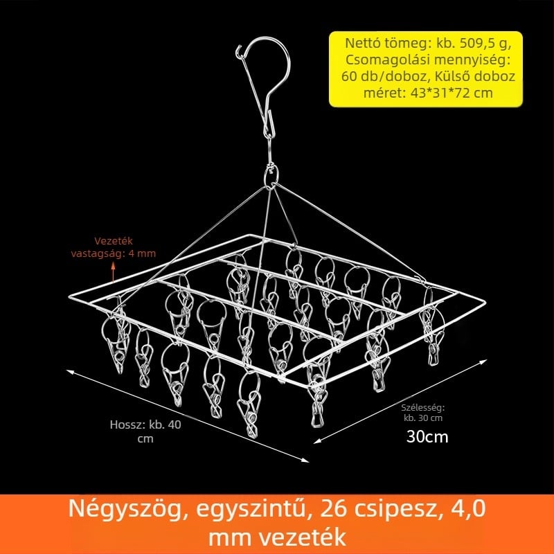 Rozsdamentes acél ruhaszárító állvány 48 csipesszel, összecsukható kör alakú kialakítás, zoknik és fehérneműk számára, erkélyhez.