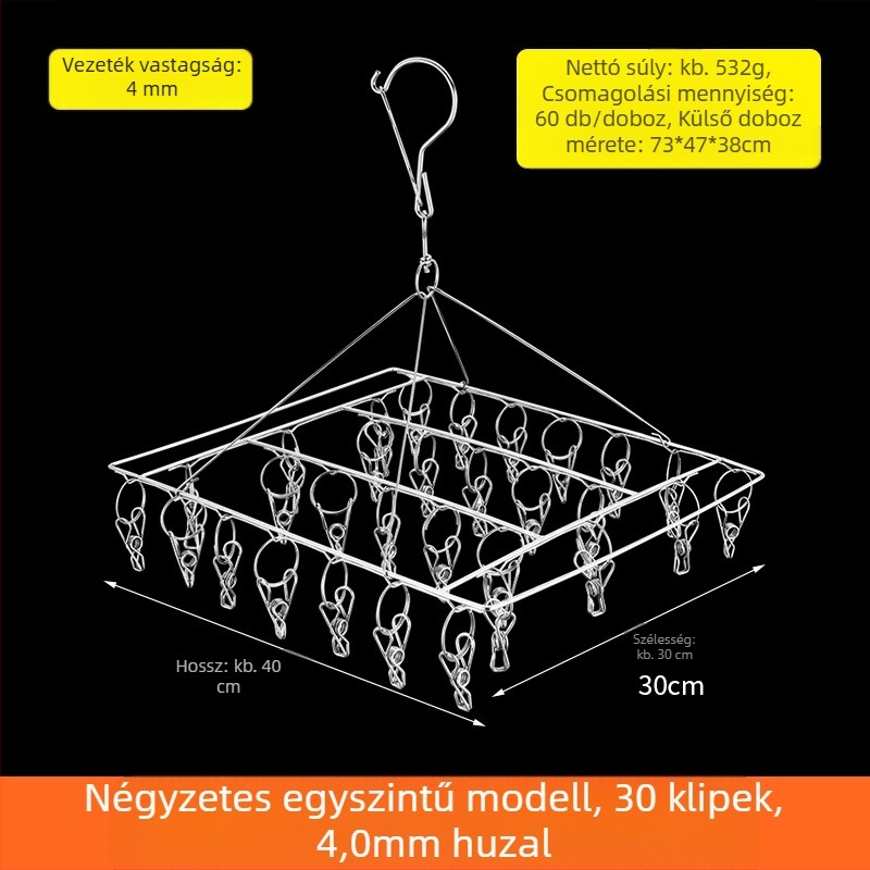 Rozsdamentes acél ruhaszárító állvány 48 csipesszel, összecsukható kör alakú kialakítás, zoknik és fehérneműk számára, erkélyhez.
