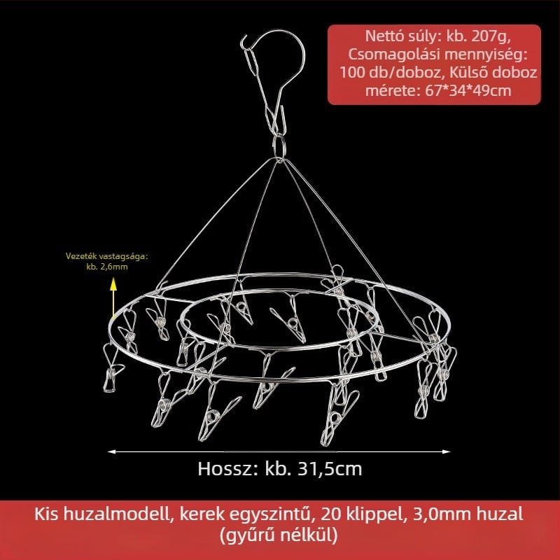Rozsdamentes acél ruhaszárító állvány 48 csipesszel, összecsukható kör alakú kialakítás, zoknik és fehérneműk számára, erkélyhez.