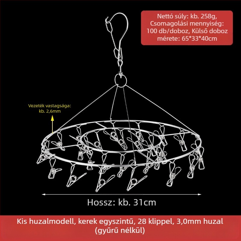 Rozsdamentes acél ruhaszárító állvány 48 csipesszel, összecsukható kör alakú kialakítás, zoknik és fehérneműk számára, erkélyhez.