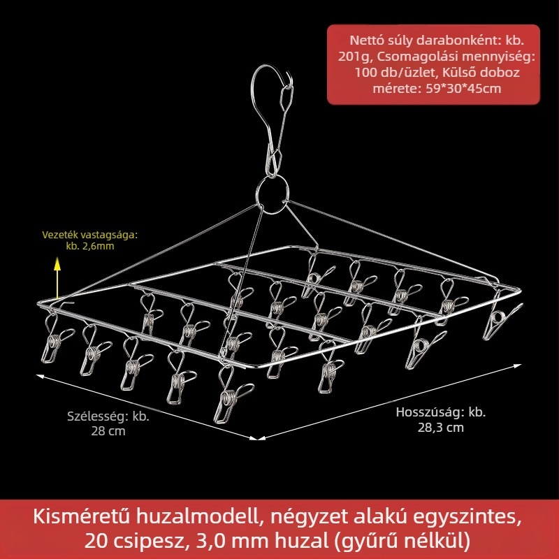 Rozsdamentes acél ruhaszárító állvány 48 csipesszel, összecsukható kör alakú kialakítás, zoknik és fehérneműk számára, erkélyhez.