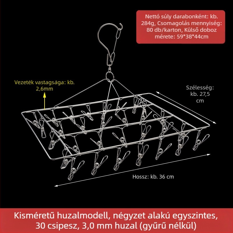 Rozsdamentes acél ruhaszárító állvány 48 csipesszel, összecsukható kör alakú kialakítás, zoknik és fehérneműk számára, erkélyhez.