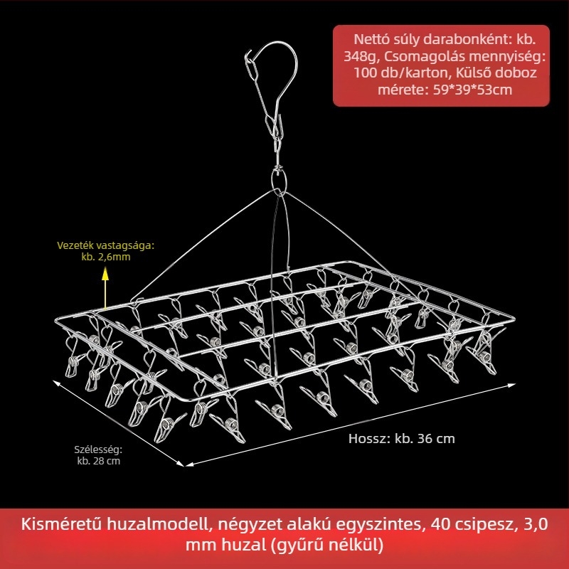 Rozsdamentes acél ruhaszárító állvány 48 csipesszel, összecsukható kör alakú kialakítás, zoknik és fehérneműk számára, erkélyhez.