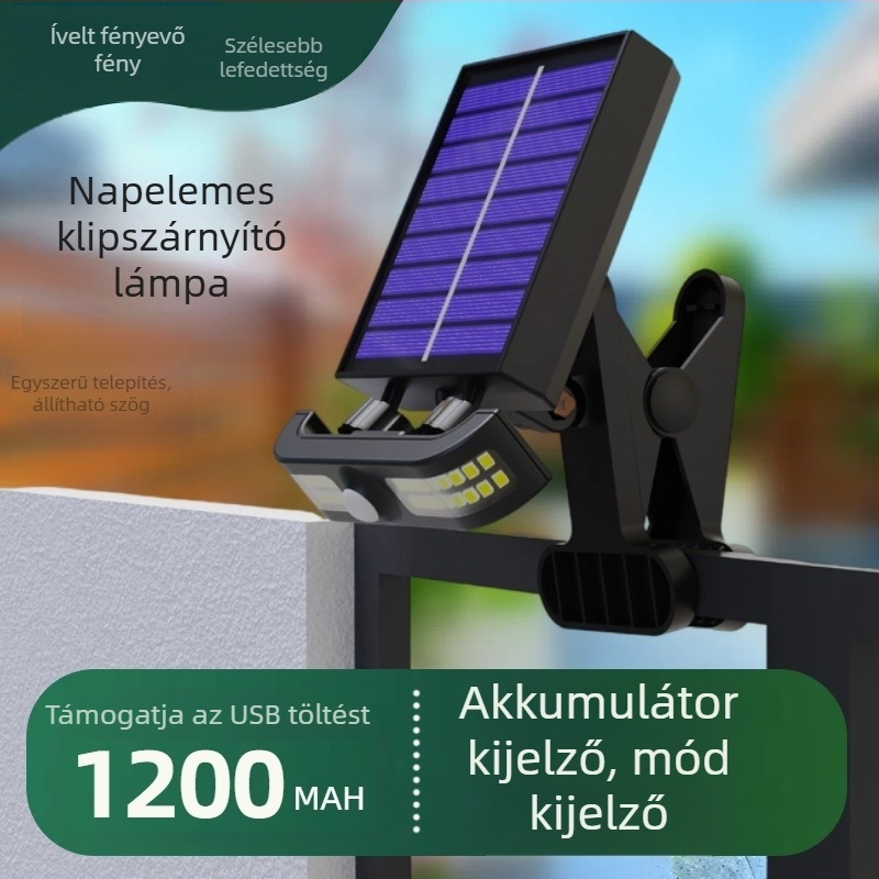 Kültéri, csiptetős napelemes mozgásérzékelős lámpa, vízálló kertlámpa háztartási és kemping használatra
