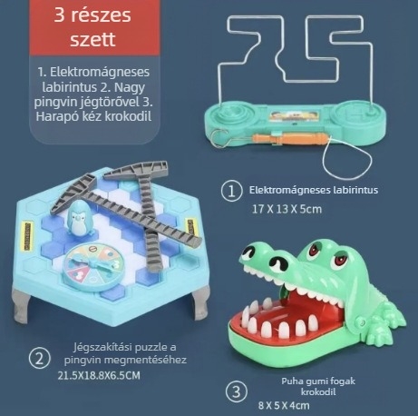 Gyerekeknek szóló interaktív társasjáték: Pingvínmentés és jégzúzás — műanyag; fejleszti vizuális és szellemi képességeket, kéz-szem koordinációt, szülő-gyerek interakciót; 4–6, 7–14 és 15–35.