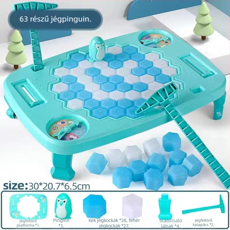 Gyerekeknek szóló interaktív társasjáték: Pingvínmentés és jégzúzás — műanyag; fejleszti vizuális és szellemi képességeket, kéz-szem koordinációt, szülő-gyerek interakciót; 4–6, 7–14 és 15–35.