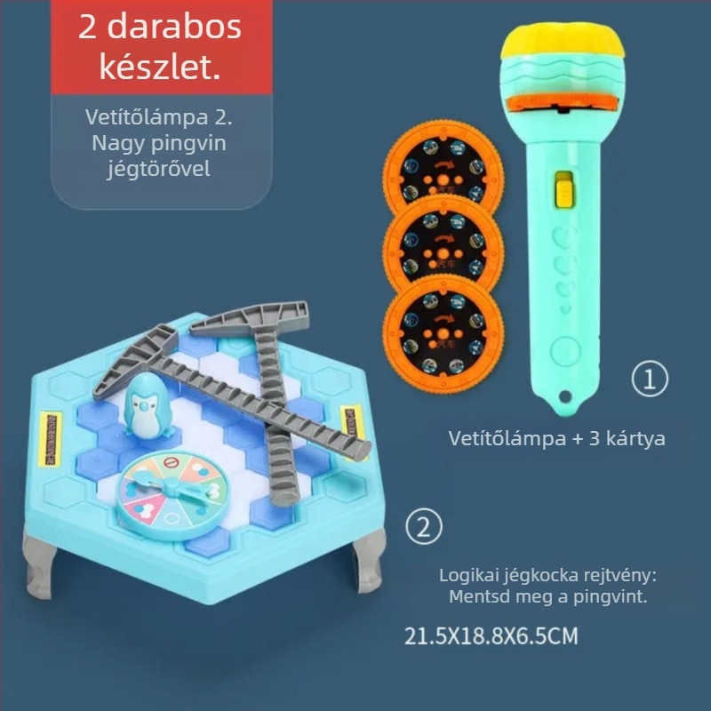 Gyerekeknek szóló interaktív társasjáték: Pingvínmentés és jégzúzás — műanyag; fejleszti vizuális és szellemi képességeket, kéz-szem koordinációt, szülő-gyerek interakciót; 4–6, 7–14 és 15–35.