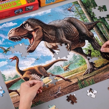 Dínó puzzle gyerekeknek – sík puzzle, 100/200/300 darab, papír, DIY lehetőség, 4–6 éveseknek