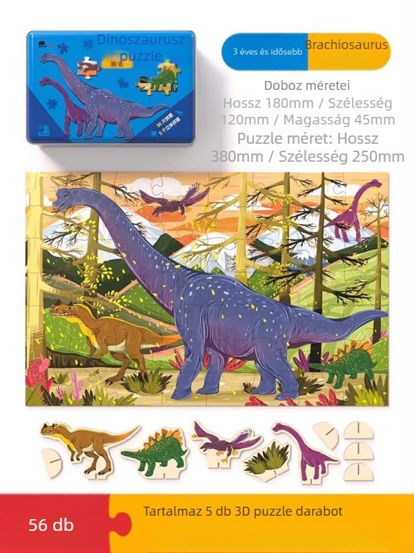 Dínó puzzle gyerekeknek – sík puzzle, 100/200/300 darab, papír, DIY lehetőség, 4–6 éveseknek