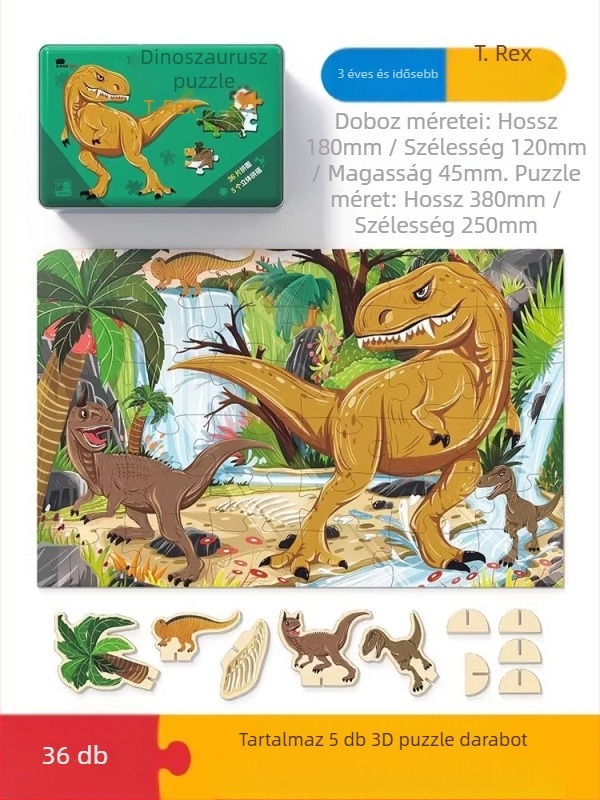 Dínó puzzle gyerekeknek – sík puzzle, 100/200/300 darab, papír, DIY lehetőség, 4–6 éveseknek