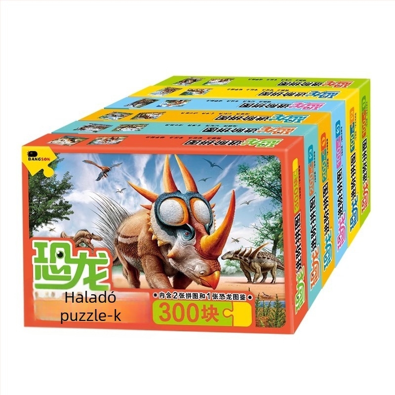 Dínó puzzle gyerekeknek – sík puzzle, 100/200/300 darab, papír, DIY lehetőség, 4–6 éveseknek