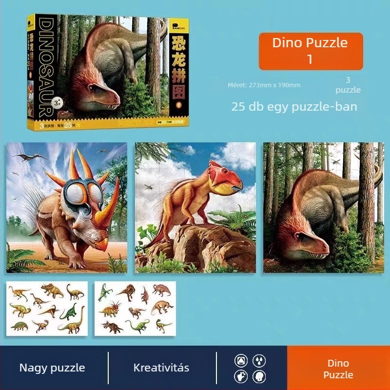 Dínó puzzle gyerekeknek – sík puzzle, 100/200/300 darab, papír, DIY lehetőség, 4–6 éveseknek